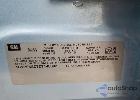 2012 Chevrolet Cruze Lt z USA, uszkodzony, nr VIN 1G1PF5SC7C7148393